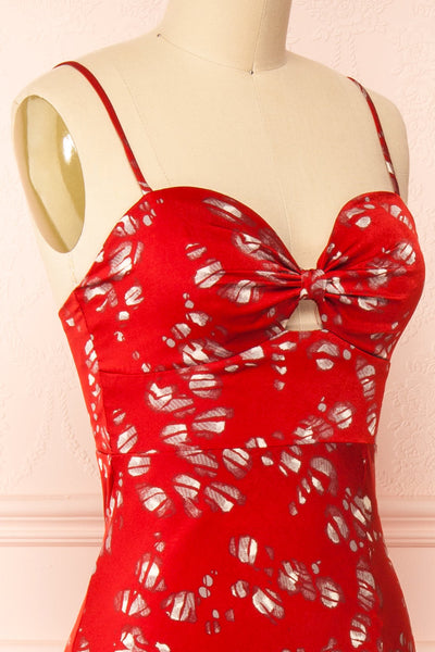 Gerrylda Red Patterned Midi Dress w/ Slit | Boutique 1861 side close-up