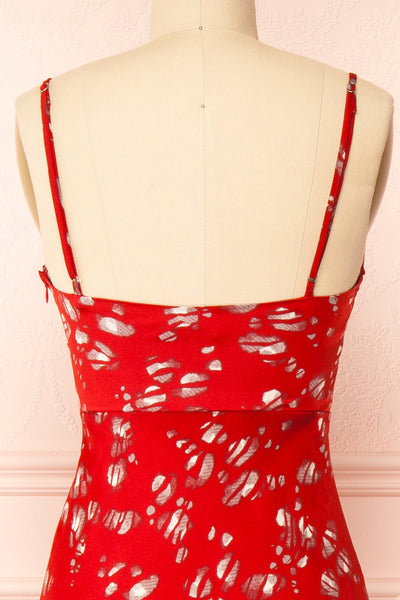 Gerrylda Red Patterned Midi Dress w/ Slit | Boutique 1861 back close-up