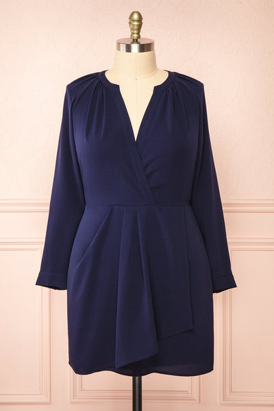Gery Navy Faux-Wrap Short Dress | Boutique 1861 front plus size