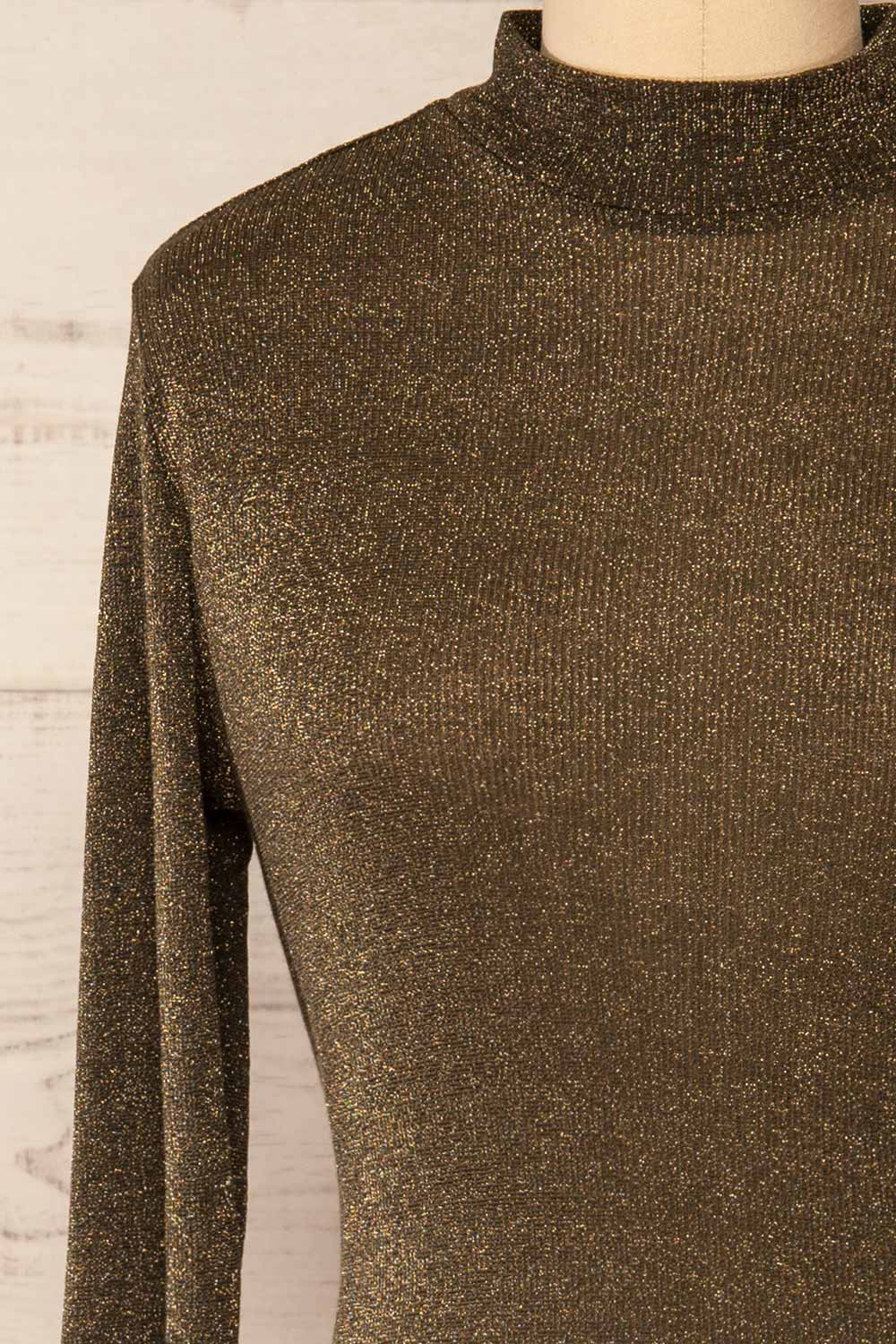 Ghent Khaki Sparkling Mock Neck Top | La petite garçonne front close-up