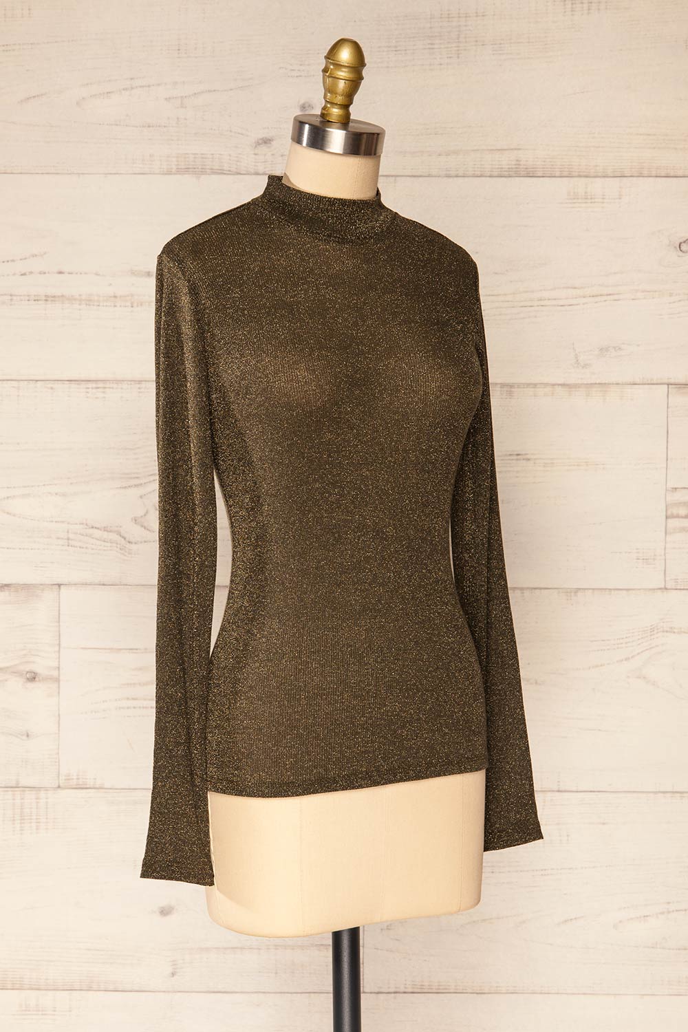 Ghent Khaki Sparkling Mock Neck Top | La petite garçonne side view