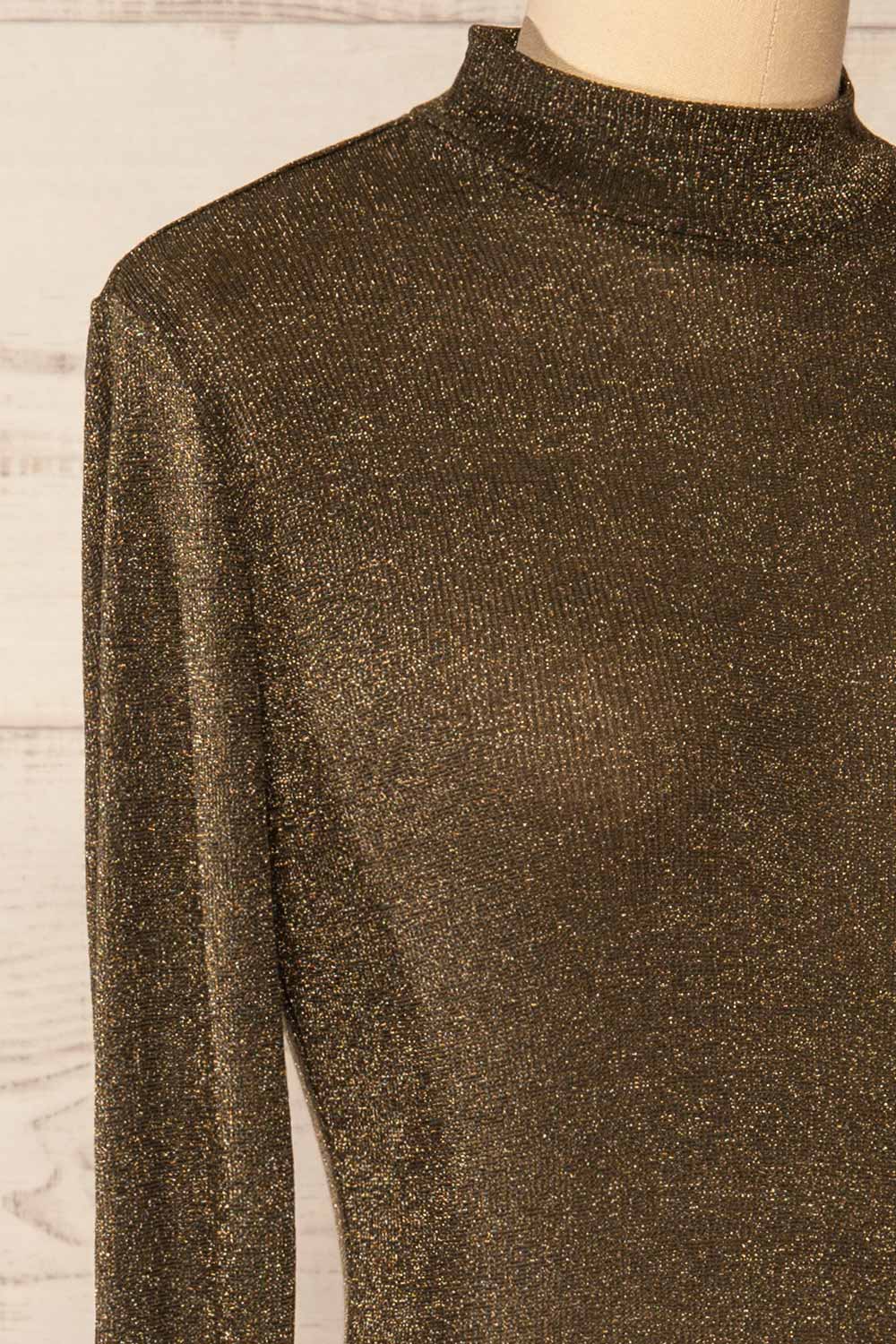 Ghent Khaki Sparkling Mock Neck Top | La petite garçonne side close-up