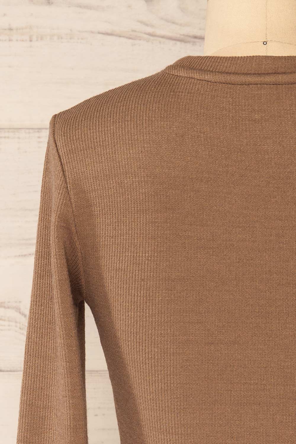 Gialonft Brown Cropped Long Sleeve Top w/ Ruffles | La petite garçonne back close-up