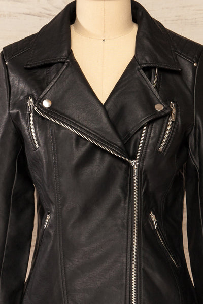 Gladsaxe Black Cropped Faux Leather Jacket | La petite garçonne  front close-up