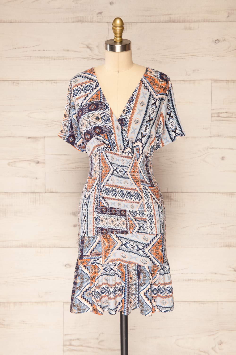 Glina Blue Patterned V-Neck Short Dress | La petite garçonne  front view 