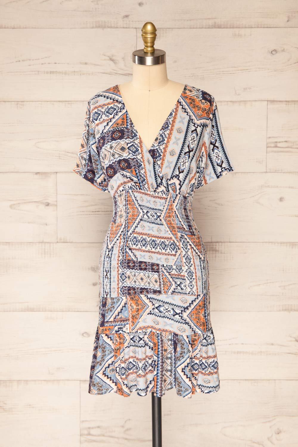 Glina Blue Patterned V-Neck Short Dress | La petite garçonne