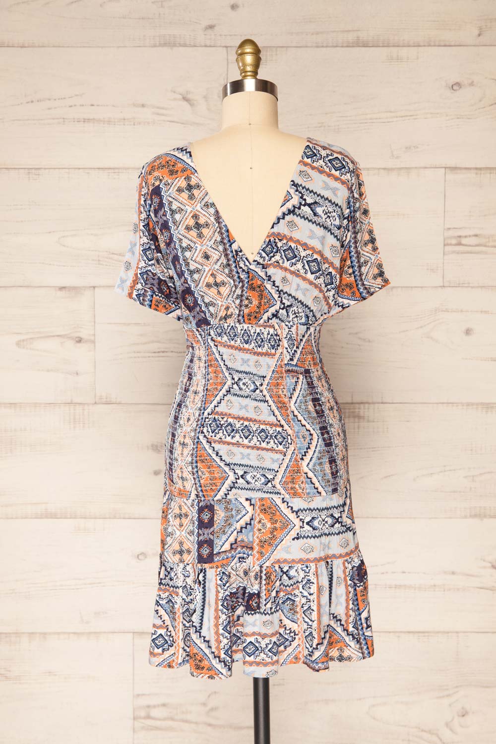 Glina Blue Patterned V-Neck Short Dress | La petite garçonne   back view 