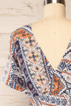 Glina Blue Patterned V-Neck Short Dress | La petite garçonne   back close-up