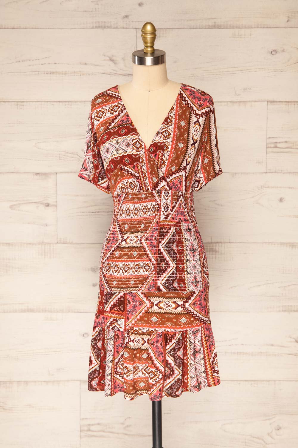 Glina Rust Patterned V-Neck Short Dress | La petite garçonne  front view 