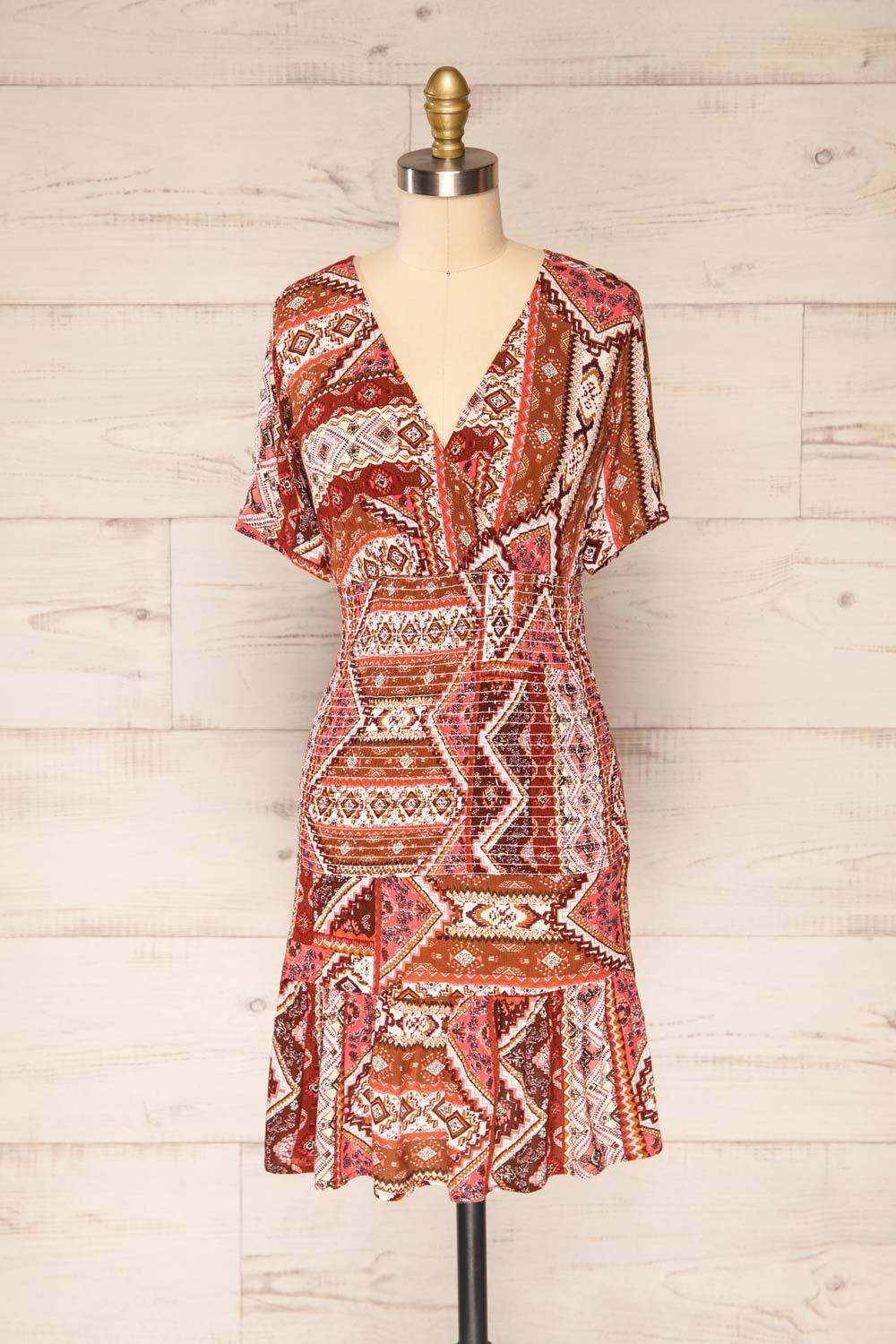 Glina Rust Patterned V-Neck Short Dress | La petite garçonne