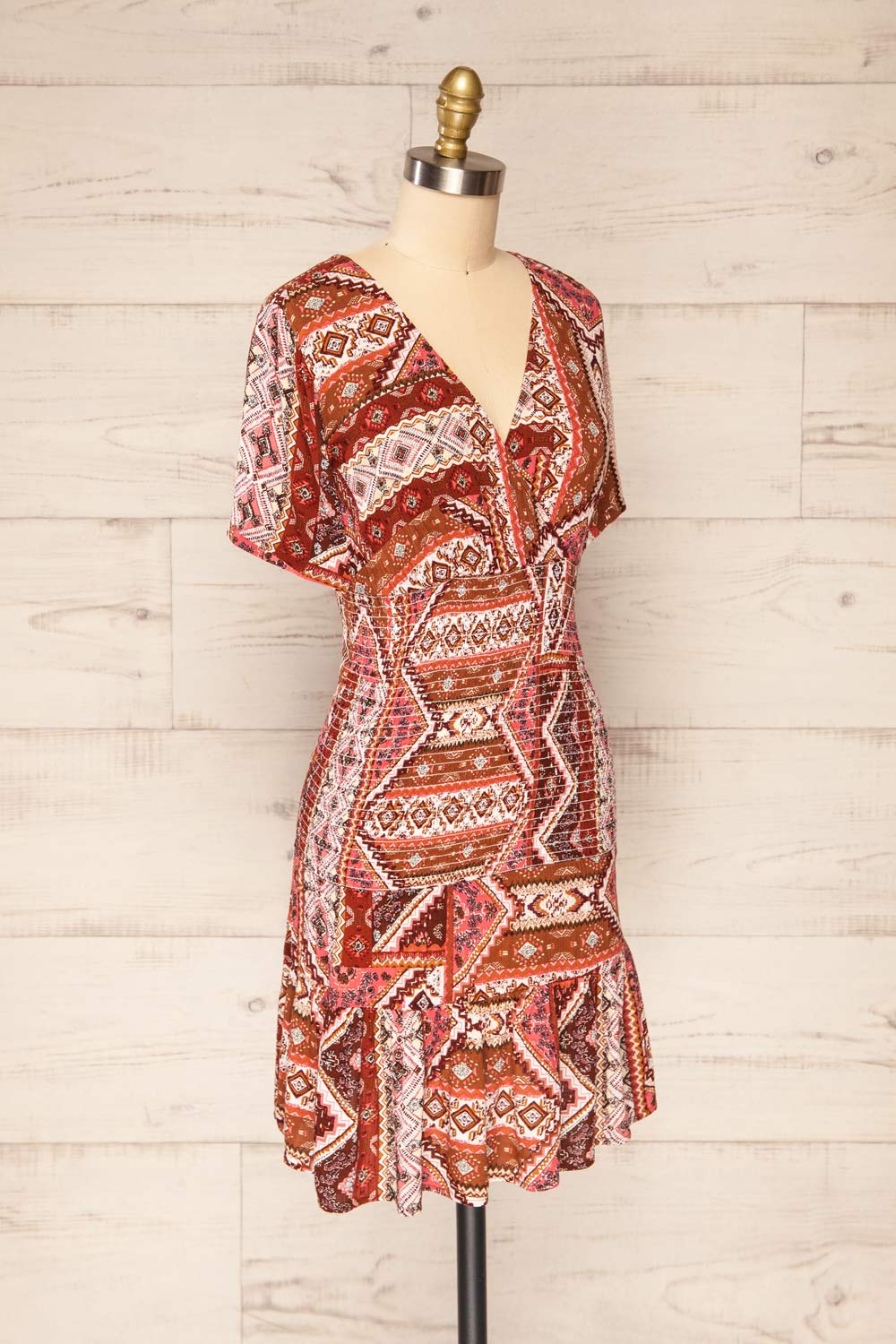 Glina Rust Patterned V-Neck Short Dress | La petite garçonne side view