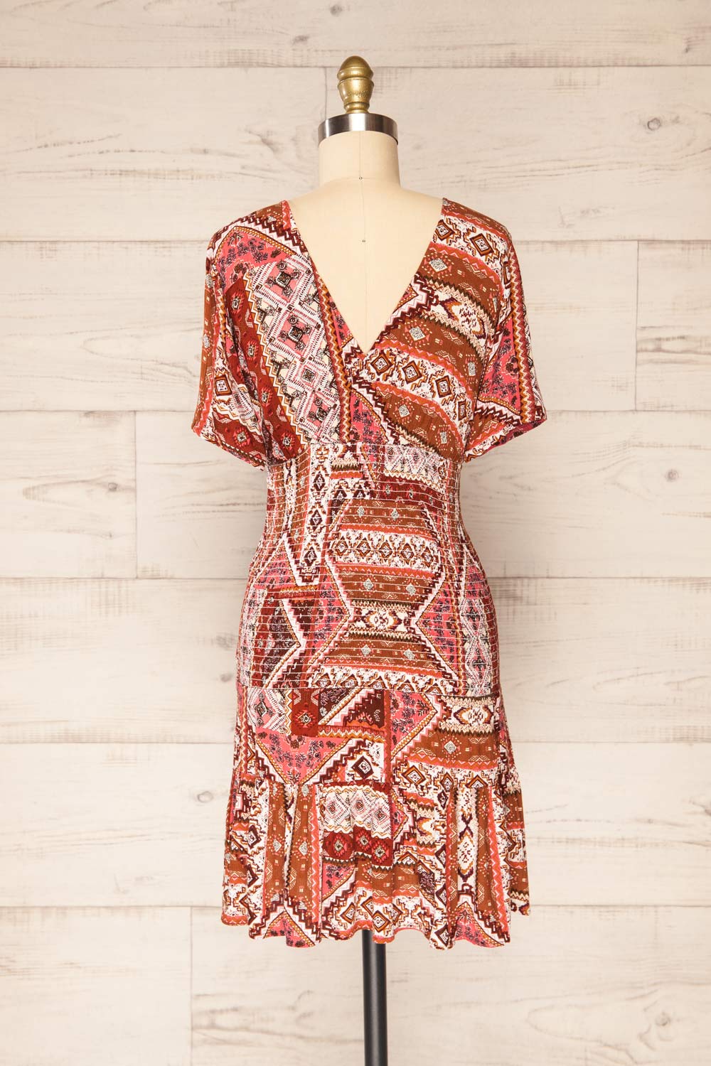 Glina Rust Patterned V-Neck Short Dress | La petite garçonne back view