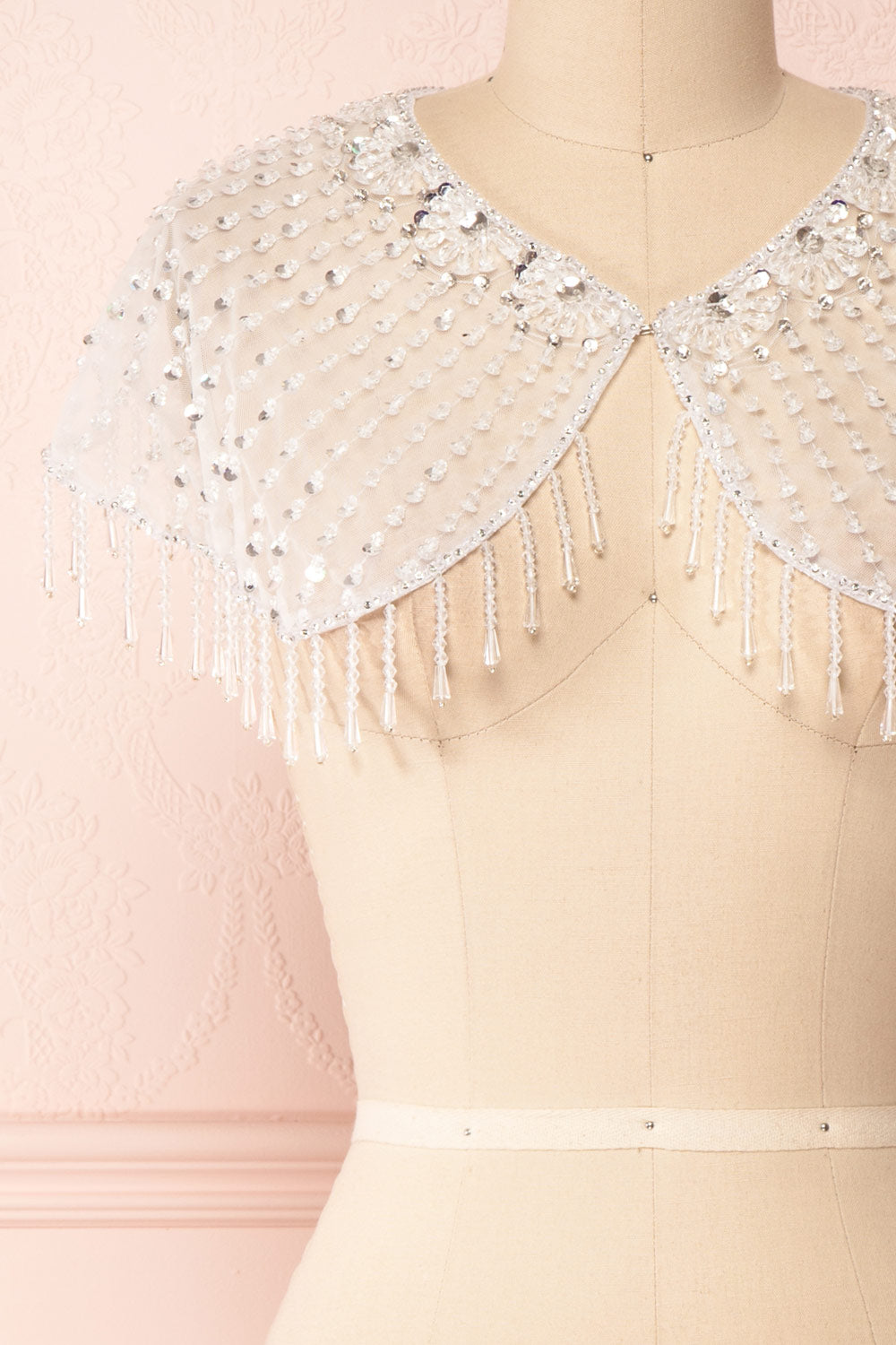 Godavani White Mesh Shawl with Ornements | Boudoir 1861 front close-up