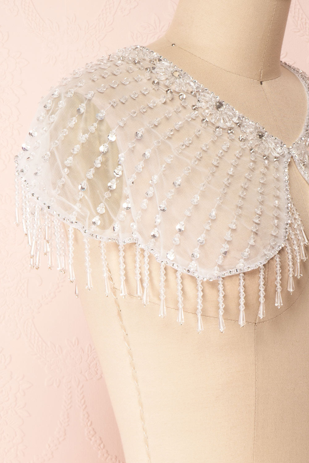 Godavani White Mesh Shawl with Ornements | Boudoir 1861 side close-up