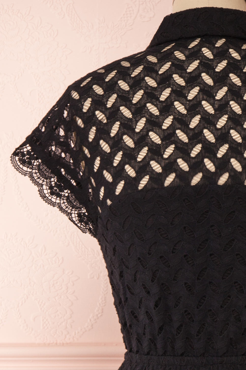 Goja Black Lace Short Sleeve Midi Dress | Boutique 1861 back close-up