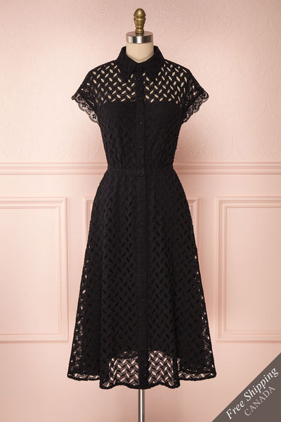 Narita Black Lace Fitted Midi Cocktail Dress