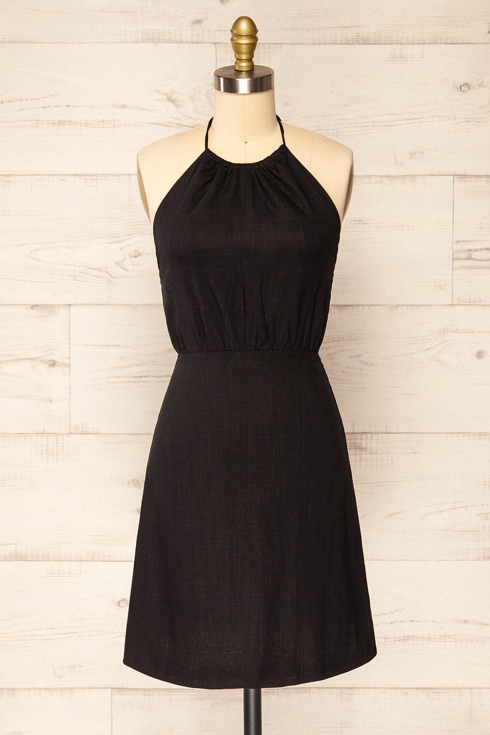 Gomati Black Backless Short Halter Dress | La petite garçonne front view