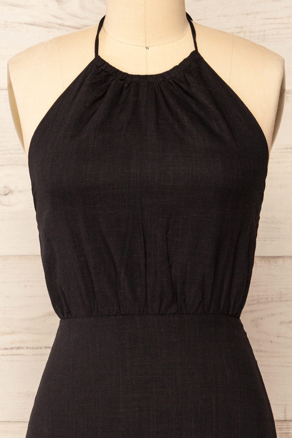 Gomati Black Backless Short Halter Dress | La petite garçonne front close-up