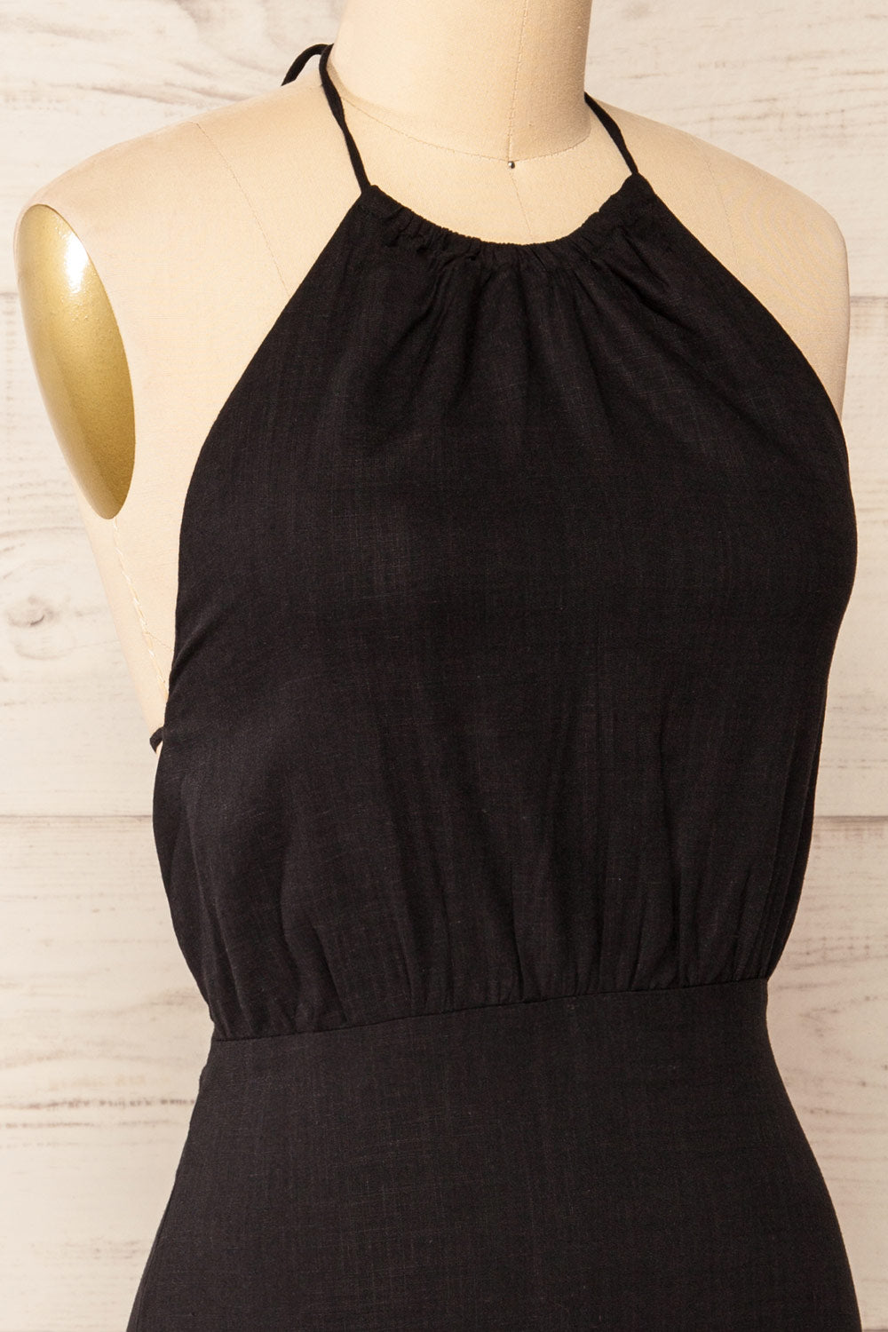 Gomati Black Backless Short Halter Dress | La petite garçonne  side close-up