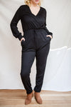 Gouveia Black Long Sleeve V-Neck Jumpsuit | La petite garçonne  model
