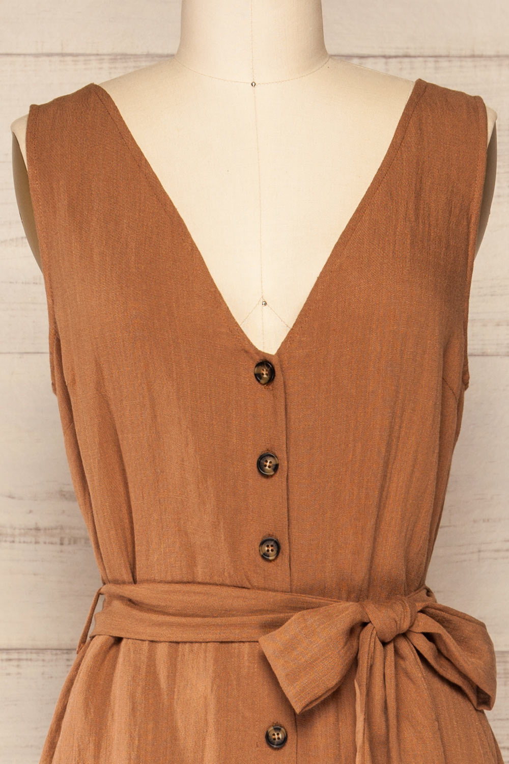 Grogy Camel V-neck Palazzo Jumpsuit with Belt | La petite garçonne  front close-up