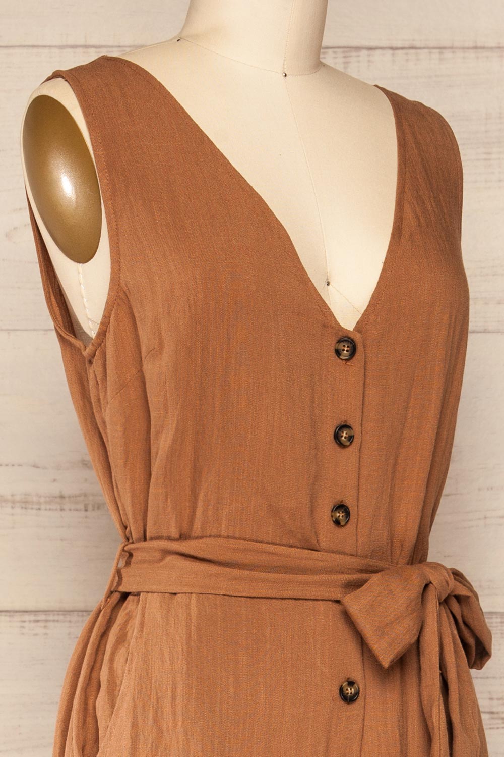 Grogy Camel V-neck Palazzo Jumpsuit with Belt | La petite garçonne  side close-up