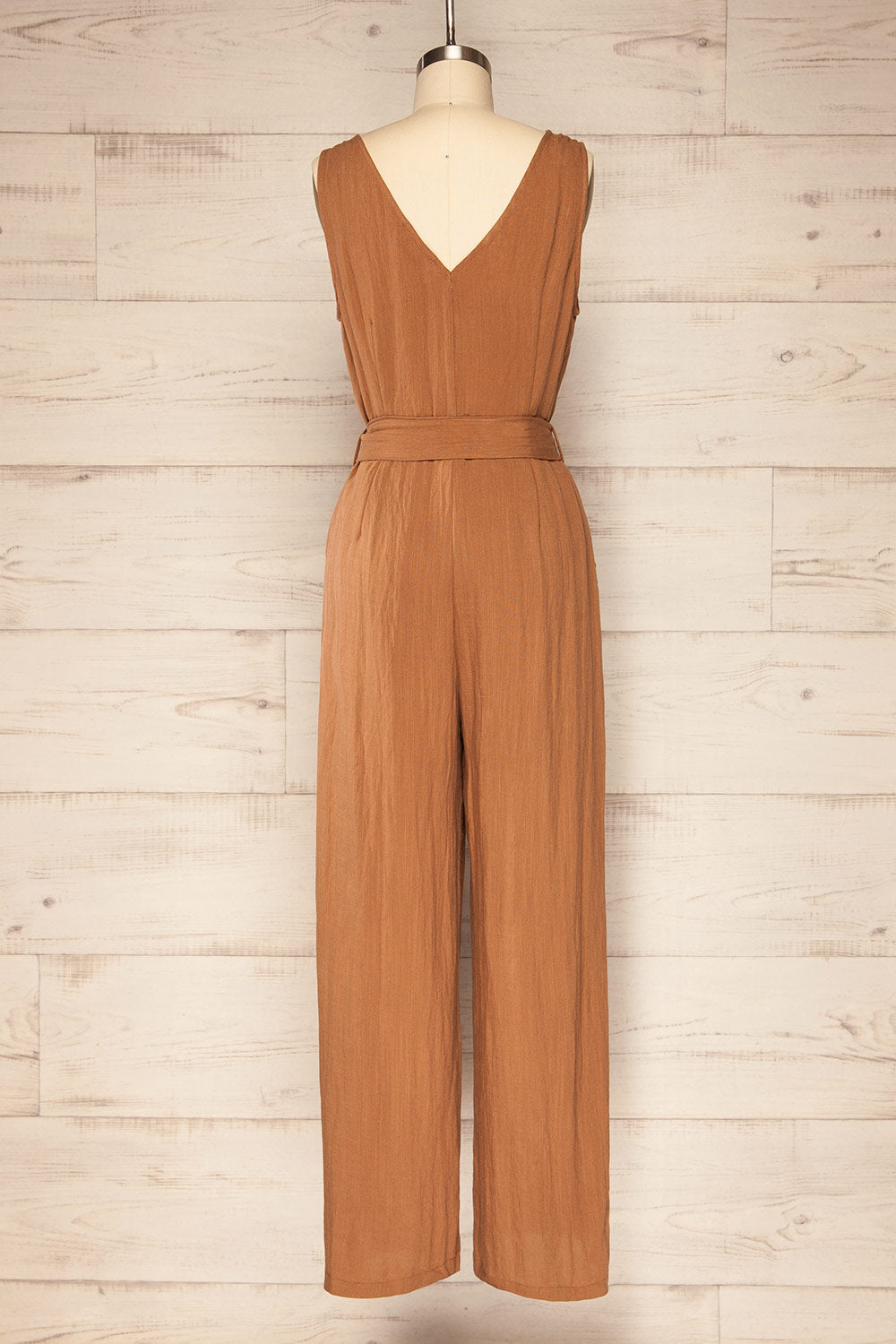 Grogy Camel V-neck Palazzo Jumpsuit with Belt | La petite garçonne  back view