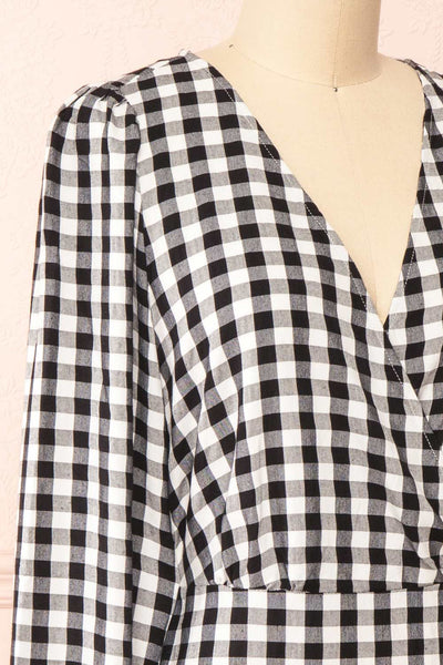 Grutha Black Long Sleeve Short Gingham Dress w/ Ruffles | Boutique 1861 side close-up