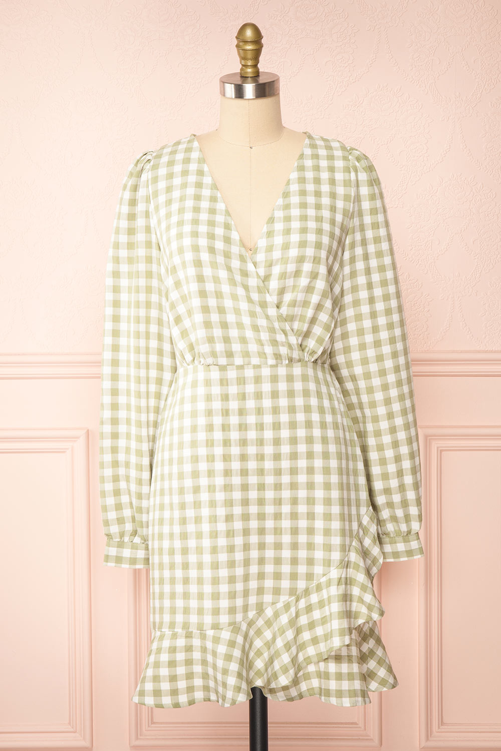 Grutha Green Long Sleeve Short Gingham Dress w/ Ruffles | Boutique 1861 front view