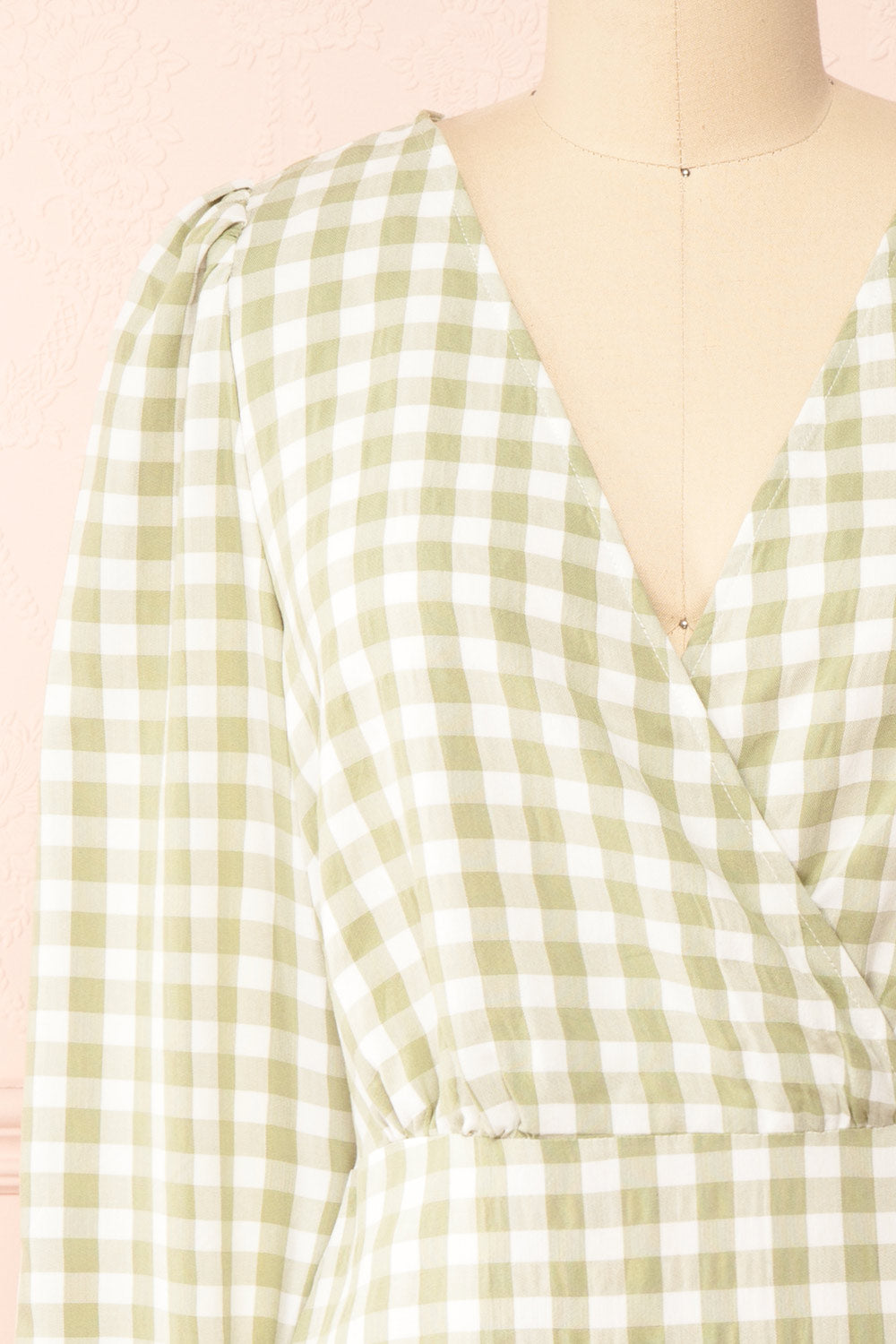 Grutha Green Long Sleeve Short Gingham Dress w/ Ruffles | Boutique 1861 front close-up