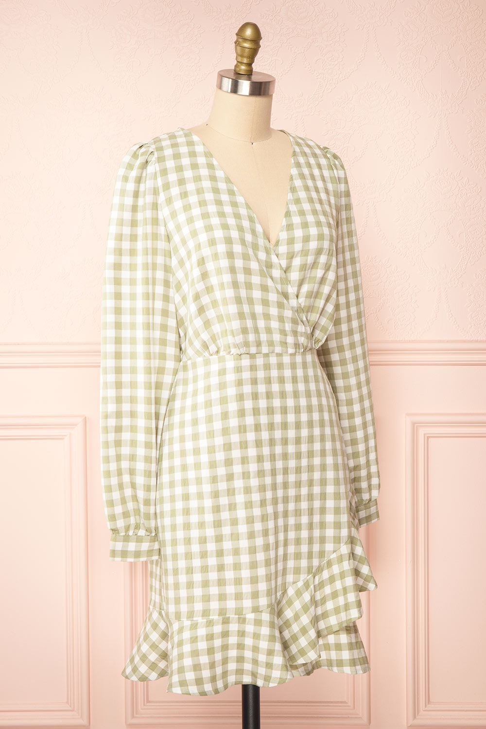 Grutha Green Long Sleeve Short Gingham Dress w/ Ruffles | Boutique 1861  side view