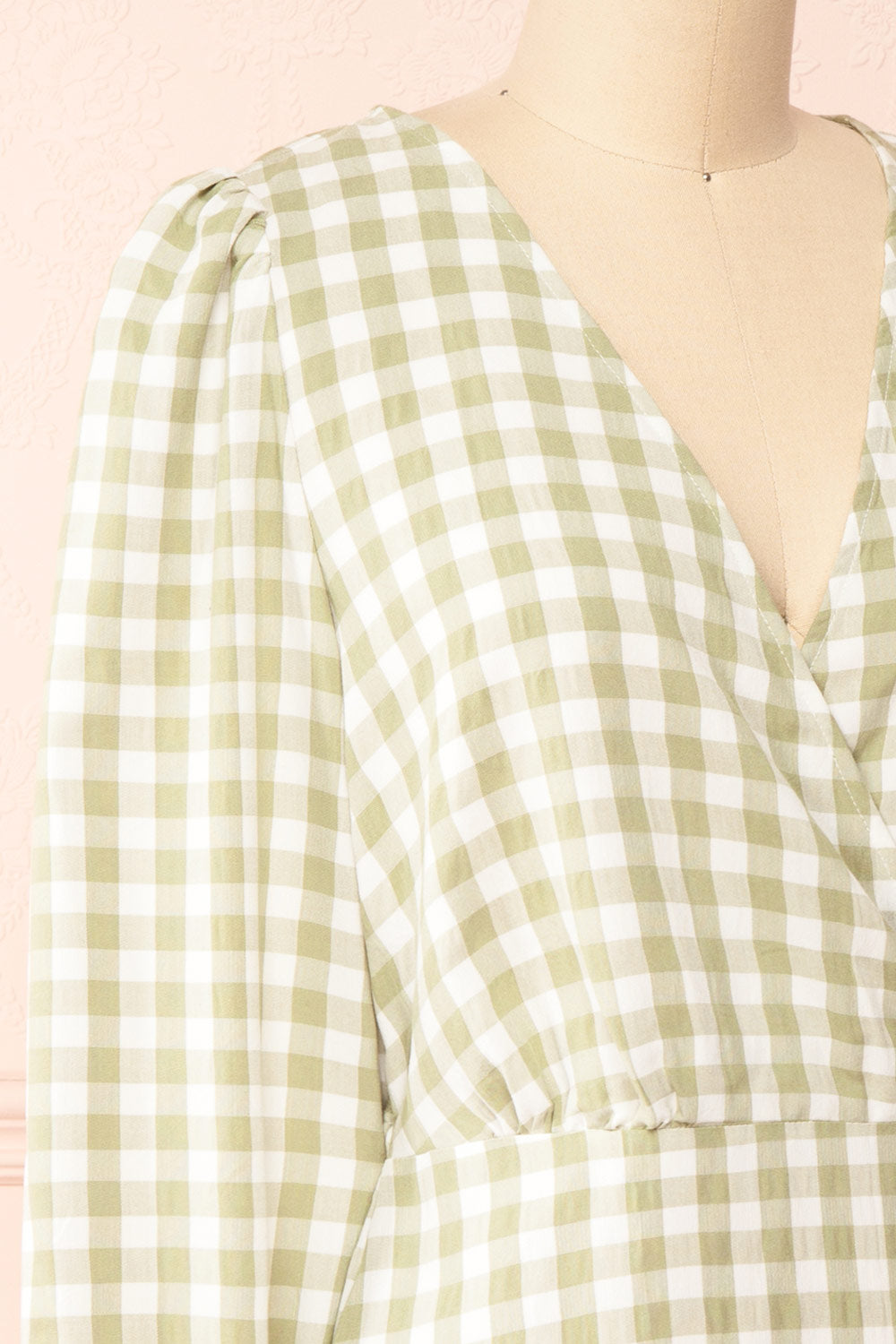 Grutha Green Long Sleeve Short Gingham Dress w/ Ruffles | Boutique 1861 side close-up