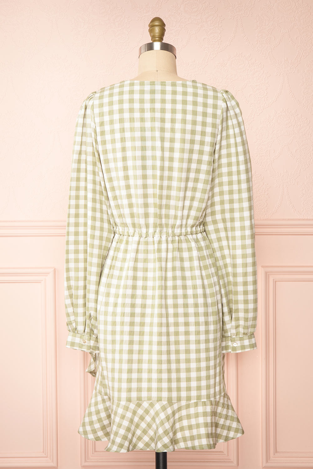 Grutha Green Long Sleeve Short Gingham Dress w/ Ruffles | Boutique 1861 back view