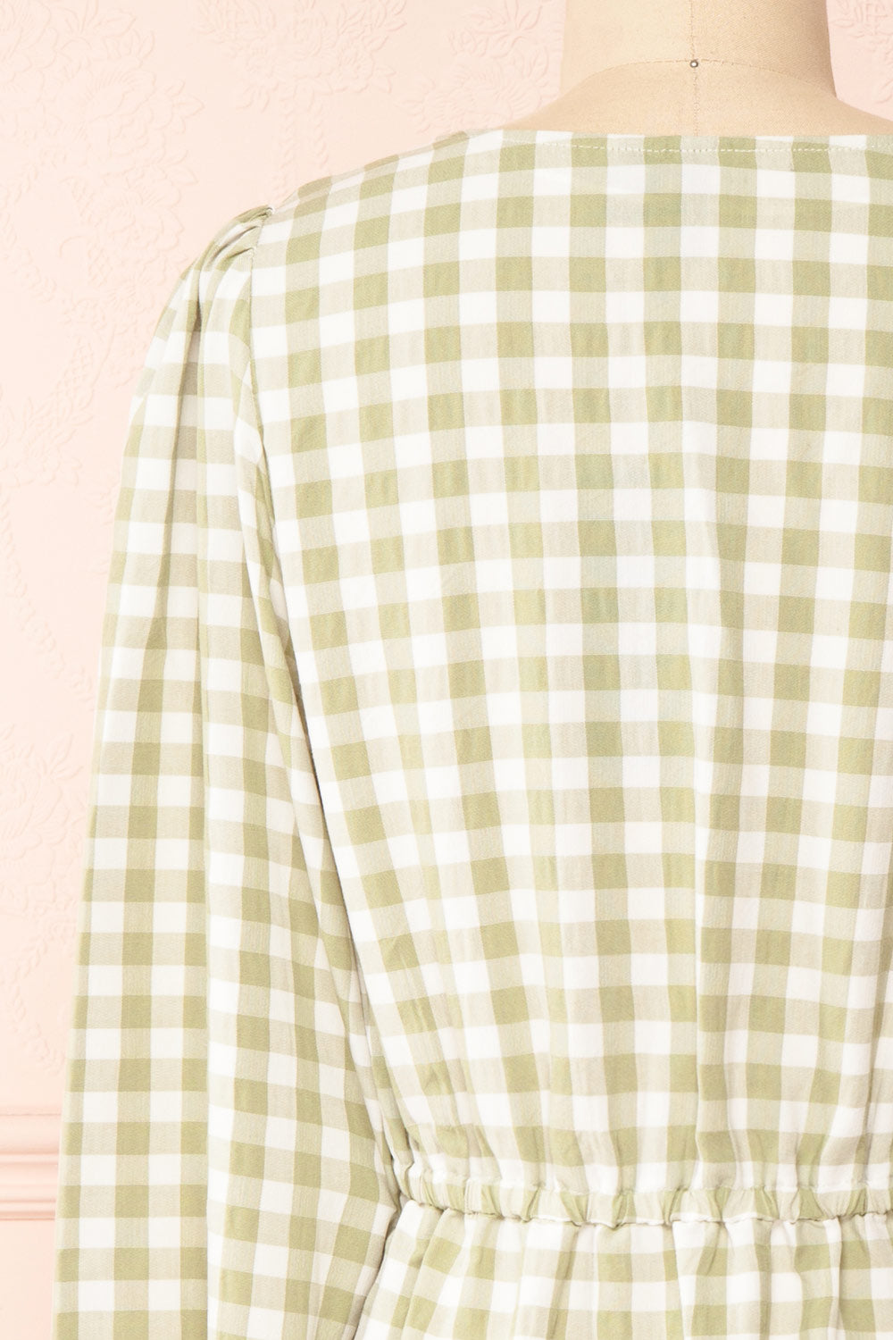 Grutha Green Long Sleeve Short Gingham Dress w/ Ruffles | Boutique 1861 back close-up
