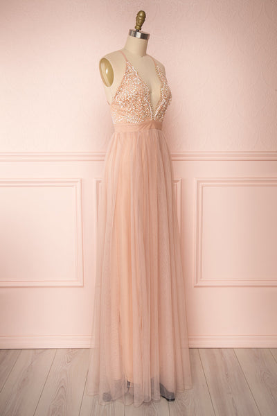 Gunvor Blush Pink Mesh Maxi Dress w/ Glitter | Boutique 1861 side view