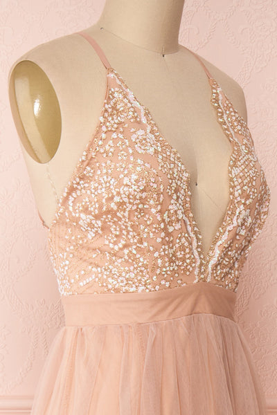 Gunvor Blush Pink Mesh Maxi Dress w/ Glitter | Boutique 1861 side close-up