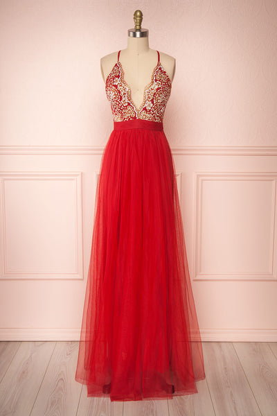 Gunvor Red Mesh Gown with Glitter front view | Boutique 1861