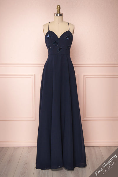 Gurito Navy Blue A-Line Chiffon Gown w/ Crystals | Boutique 1861