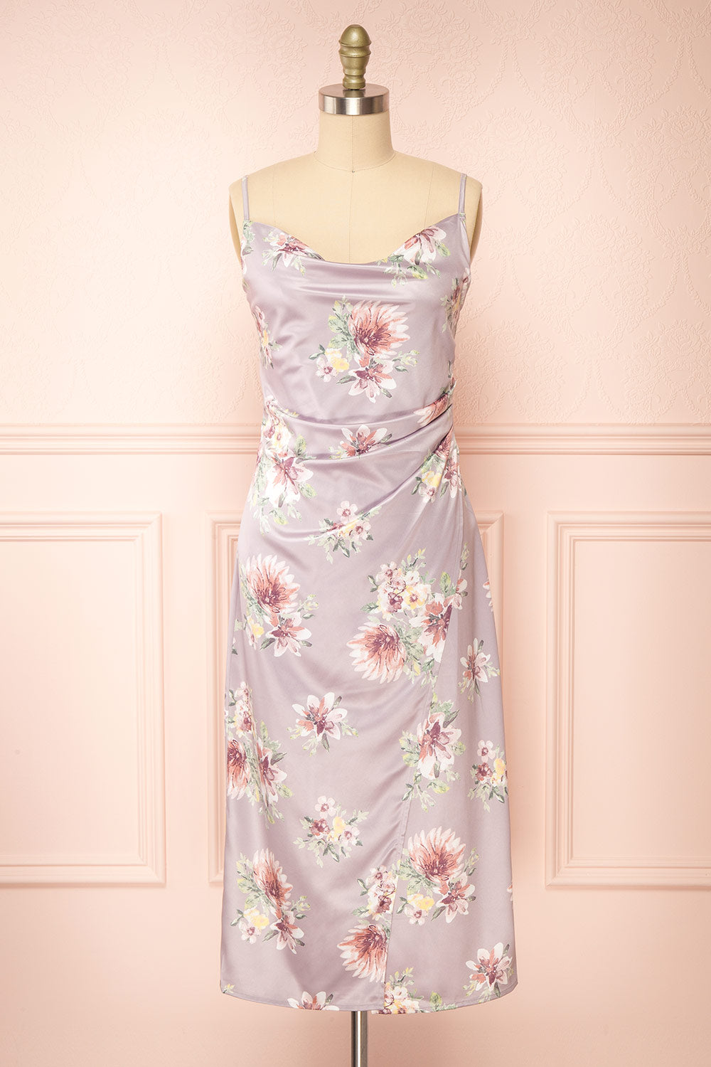 Gwenny Mauve Cowl Neck Floral Midi Dress | Boutique 1861 front view