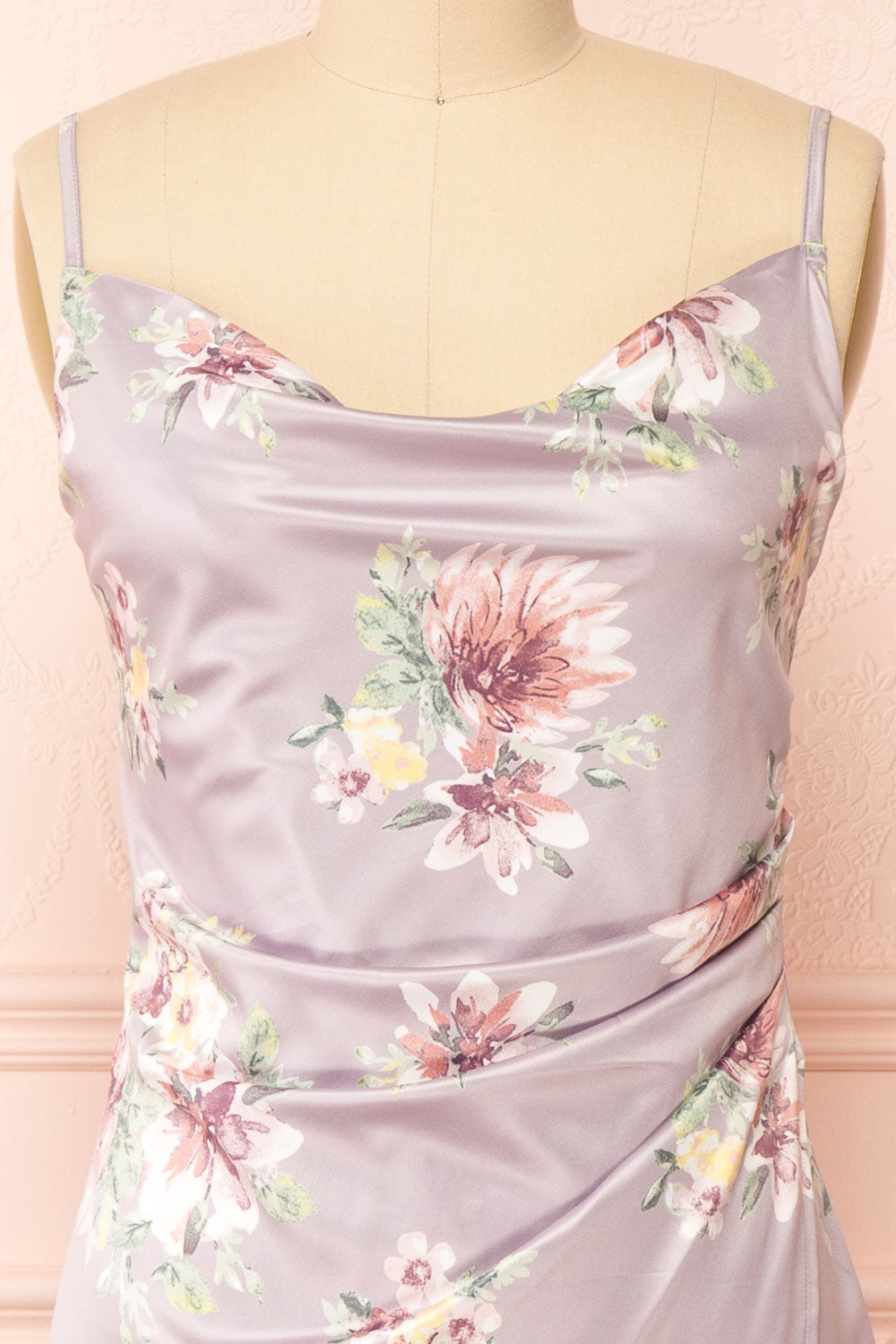 Gwenny Mauve Cowl Neck Floral Midi Dress | Boutique 1861 front close-up