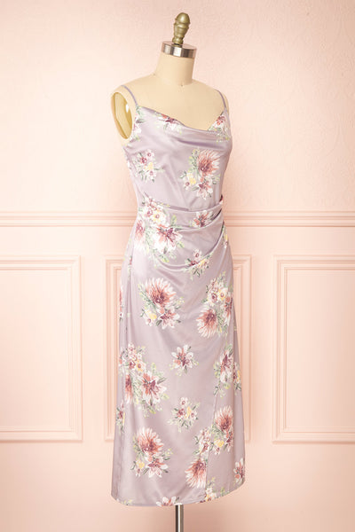 Gwenny Mauve Cowl Neck Floral Midi Dress | Boutique 1861 side view