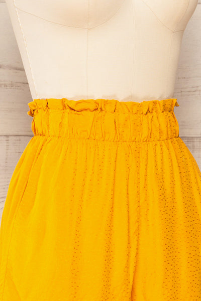 Gysele Mustard High-Waisted Paperbag Shorts | La petite garçonne side close-up
