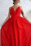 Haley Passion Red Chiffon Gown | Boutique 1861 on model