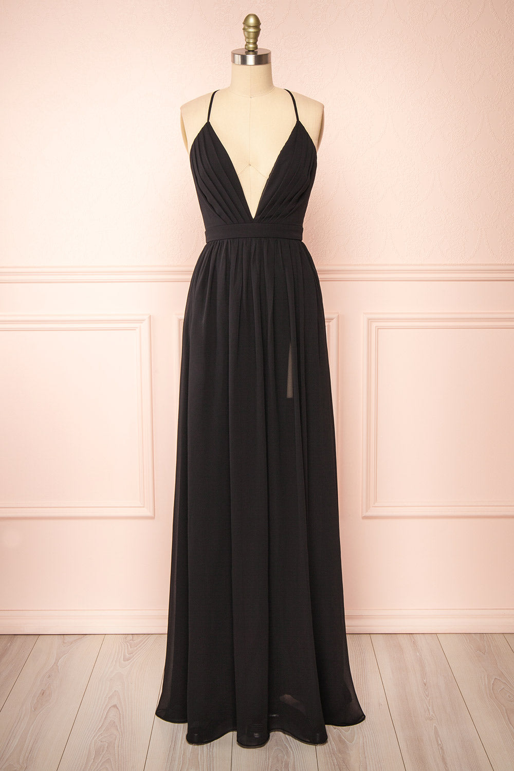 Haley Black Chiffon Gown with Plunging Neckline | Boutique 1861 front view