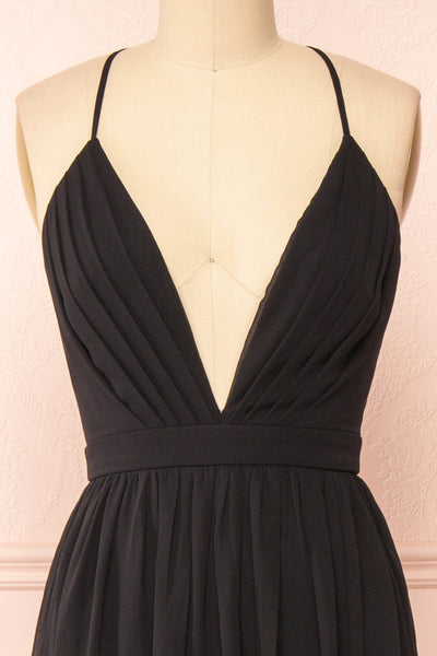 Haley Black Chiffon Gown with Plunging Neckline | Boutique 1861 front close-up