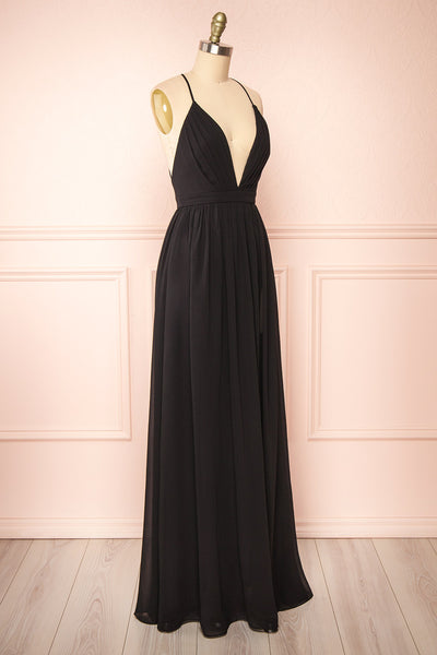 Haley Black Chiffon Gown with Plunging Neckline | Boutique 1861 side view