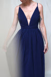 Haley Night Navy Gown with Plunging Neckline | Boutique 1861 on model