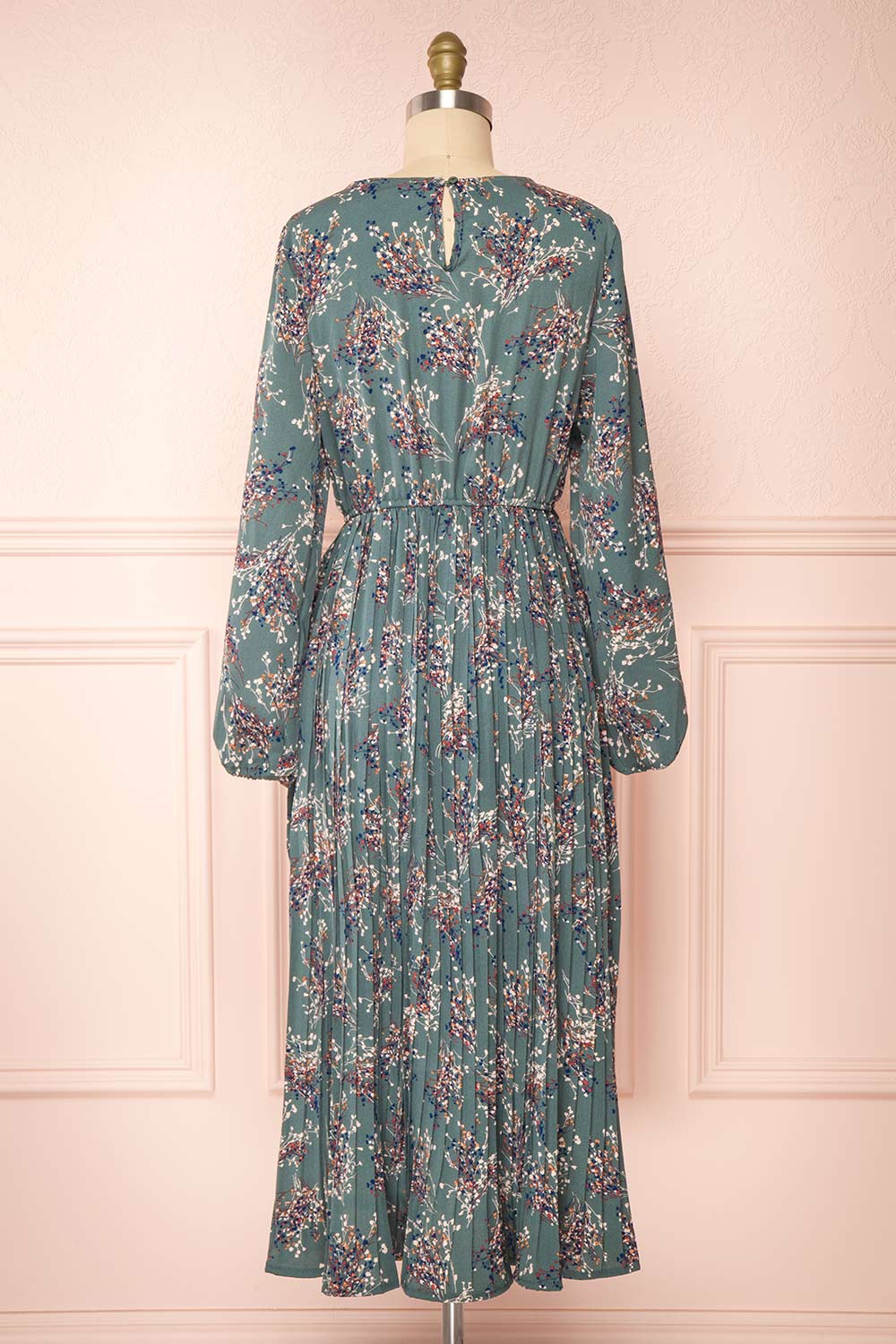 Halona Green Pleated Long Sleeve Floral Midi Dress | Boutique 1861  back view 
