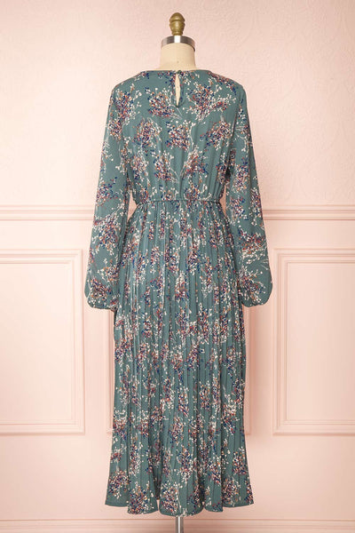 Halona Green Pleated Long Sleeve Floral Midi Dress | Boutique 1861  back view
