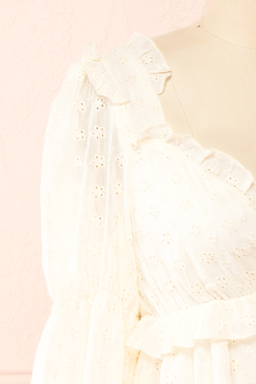 Halsey Cream English Embroidered Short Dress | Boutique 1861 side close-up